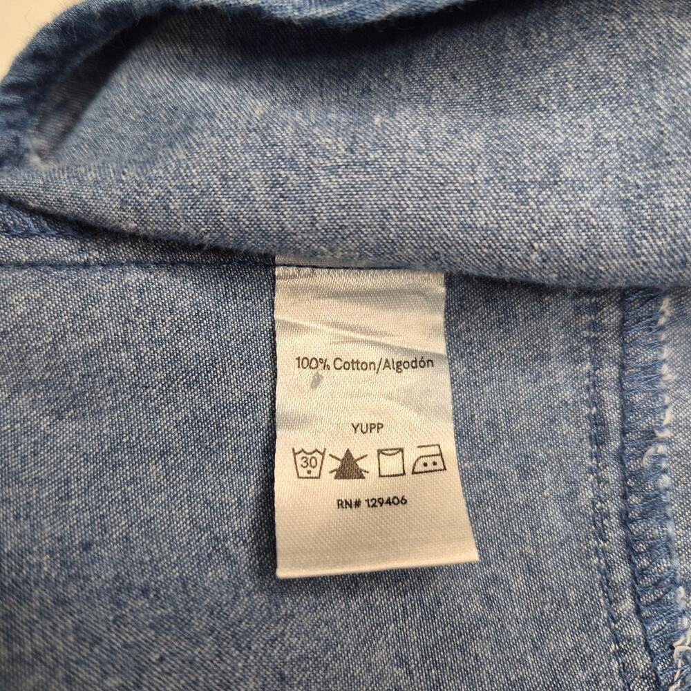 Venus Chambray Ruffle Top Dark Wash Cold Shoulder Cami Button Down Blouse Sz 10 - Picture 9 of 10